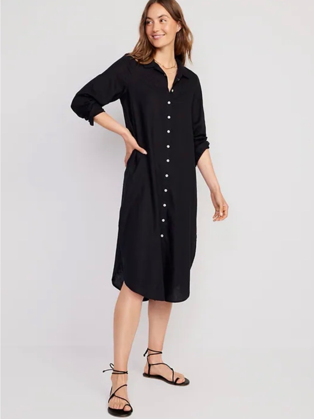 Old Navy Black Linen Blend Long-Sleeve Shirt Dress Size XS Swimsuit Coverup